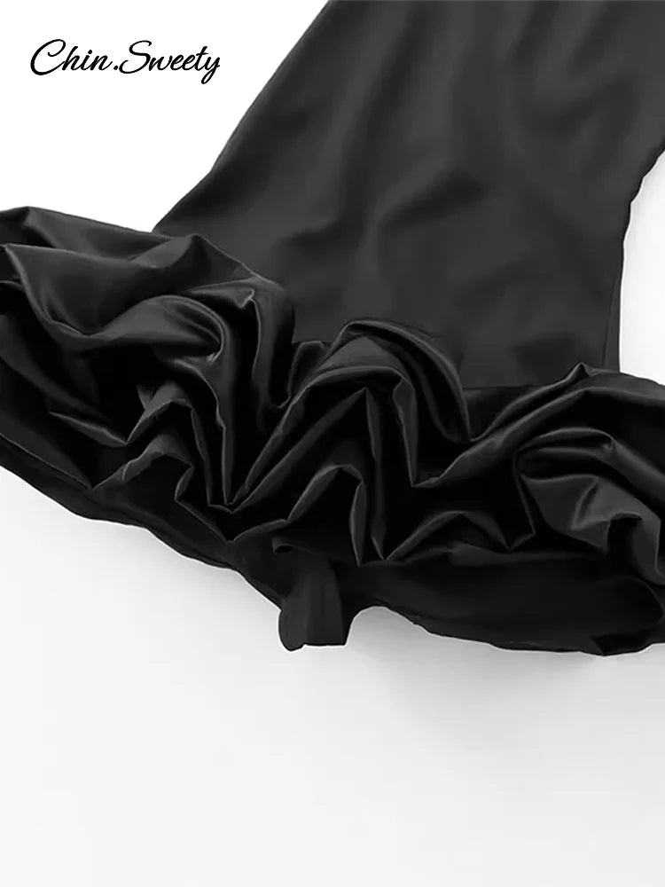 Vestido corto sexy con lentejuelas Y2K y volantes para mujer, elegante, sin espalda, cuello redondo, manga larga, negro, ajustado, para fiesta de otoño