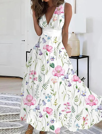 Vestidos largos sin mangas con estampado de flores de verano, sexys, con cuello en V, elegantes, para fiesta, de línea A, a la moda, maxivestidos de noche chic, nuevos