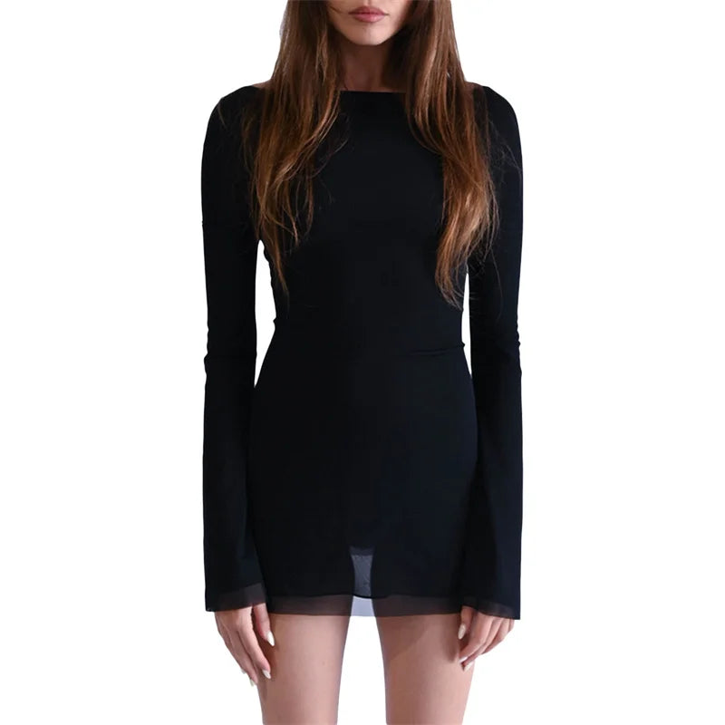 y2k Short Dress 2000s Aesthetic Women Solid Color Sheer See Through Round Neck Long Sleeve Bodycon Dress Party Dresses