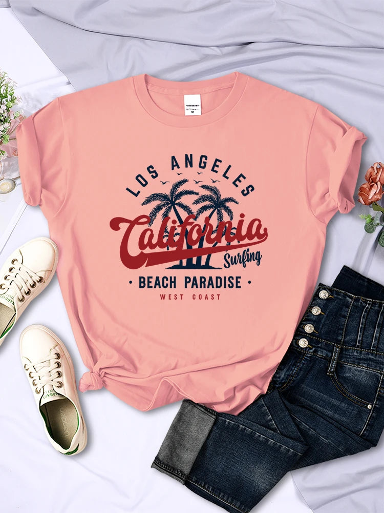 Camiseta de playa paradisíaca de San Francisco, California, para mujer, informal, de calle, de gran tamaño, estilo hip hop, con cuello redondo