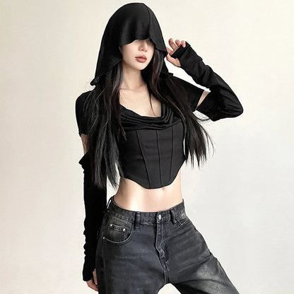 y2k Crop Top Women Punk Gothic Clothes Solid Color Long Sleeve Hooded T Shirt with Thumbhole Wasteland Tee Streetwear