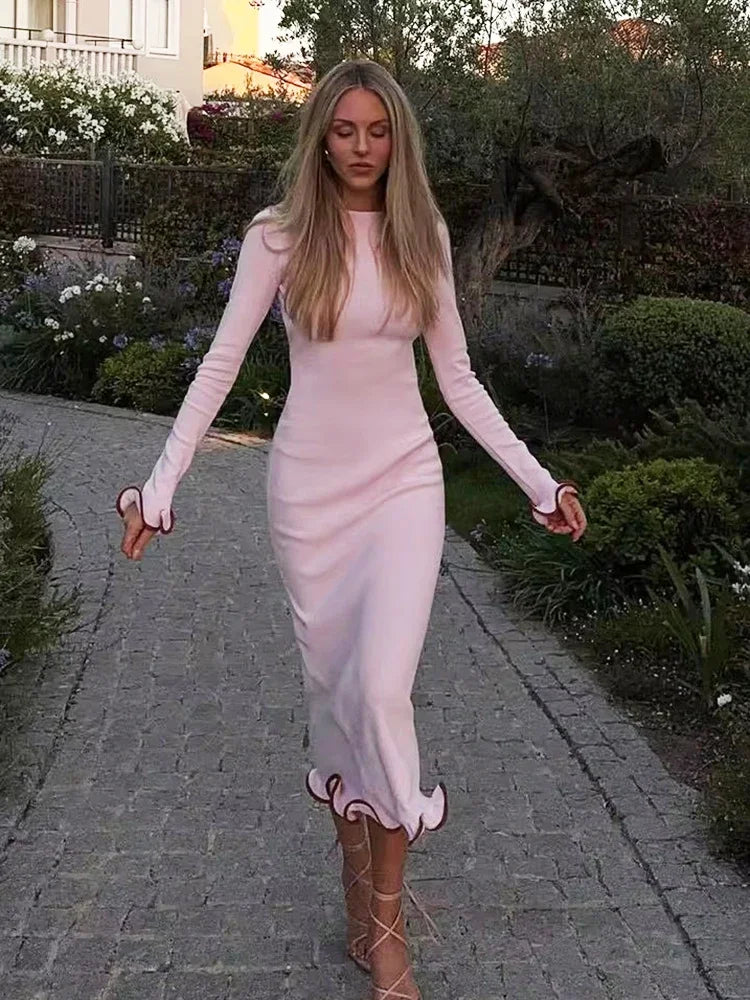 Backless Ruffled Knitted Long Dress For Women Contrast Color Flare Sleeve Autumn Sexy Bodycon Evening Party Sweater Dress