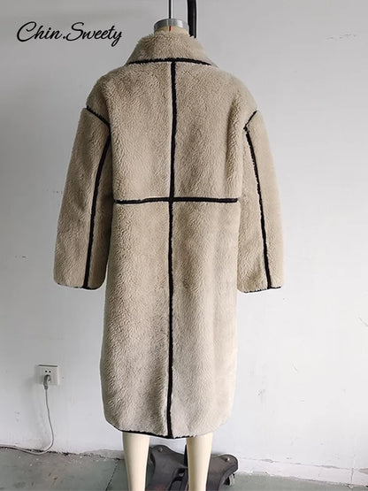 Fashion Beige Faux Fur Long Coat Women Winter Buttons Lapel Long Sleeve Lamb Fleece Jacket 2025 New Lady Loose Street Outerwear