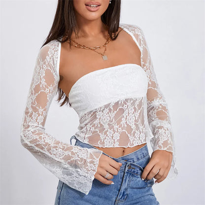 Top de tubo con bolero para mujer, sexy, transparente, sin tirantes, bandeau, chaleco y manga larga, ropa de encaje para fiesta y club.