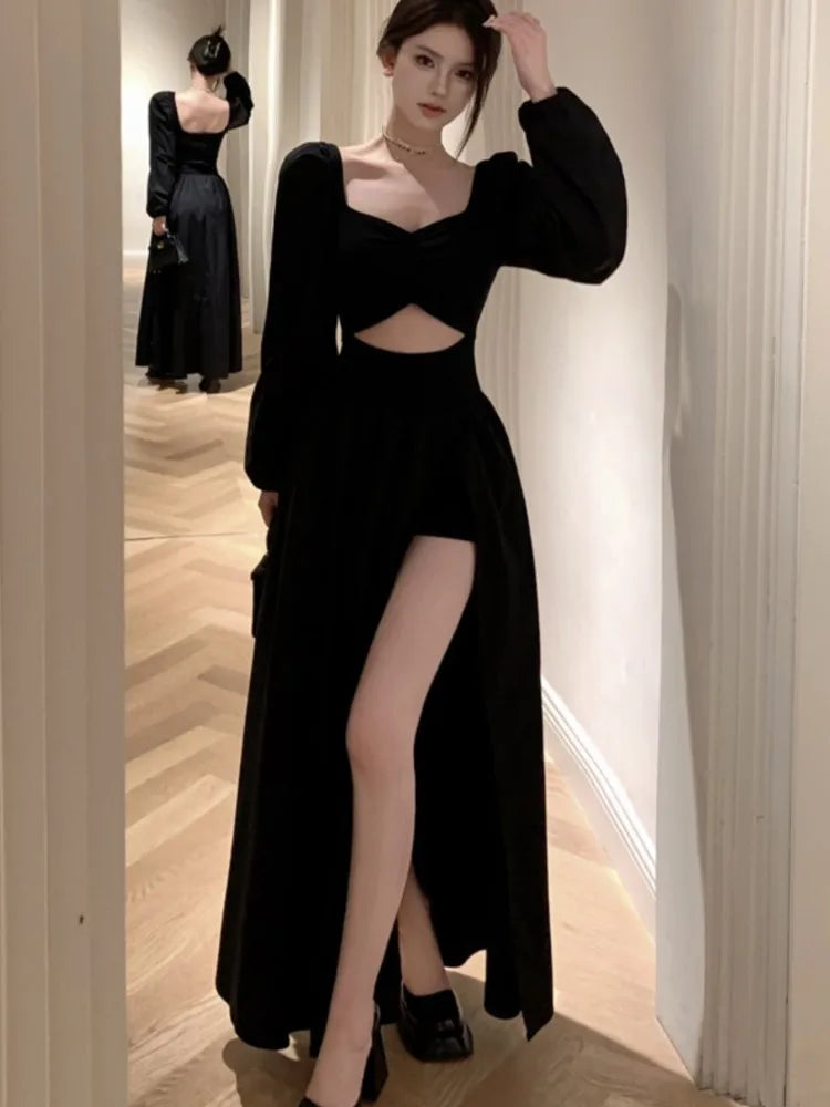 Elegante vestido negro largo para mujer, manga larga, cuello cuadrado, abertura alta, vestido de fiesta de noche, vestido de graduación, vestidos para mujer