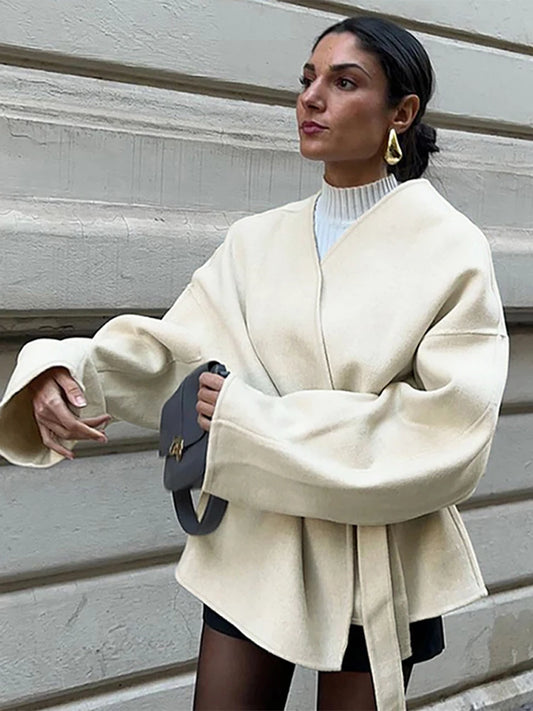 Abrigo elegante de lana de manga larga con cinturón para mujer, holgado, informal, con cuello en V, liso, corto, vintage, grueso y cálido, para otoño