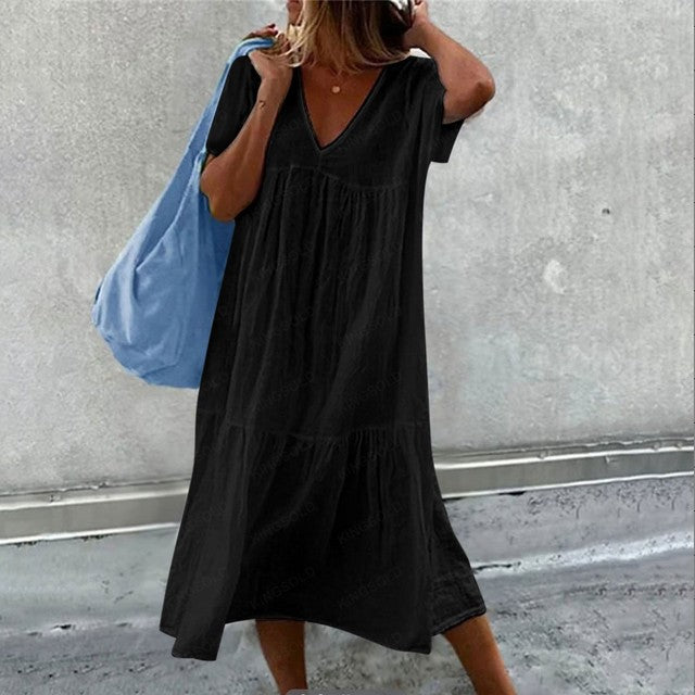 Vestidos midi de lino y algodón de color liso para mujer, moda informal, cuello en V, mangas cortas, sueltos, estilo sencillo, para ir al trabajo.