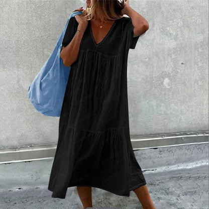 Vestidos midi de lino y algodón de color liso para mujer, moda informal, cuello en V, mangas cortas, sueltos, estilo sencillo, para ir al trabajo.