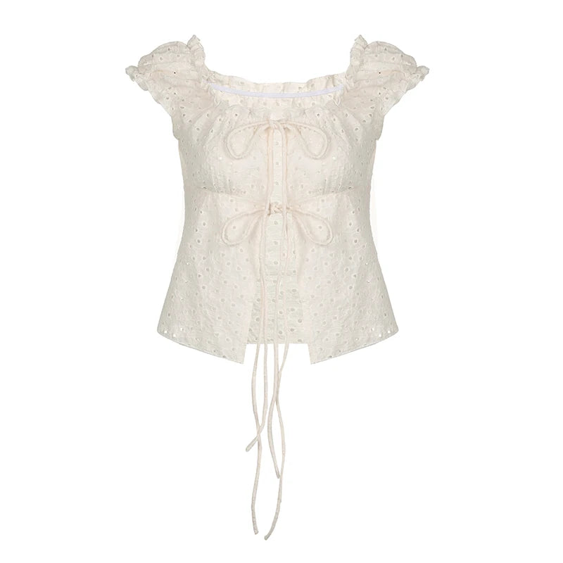 Jacquard Hollow Out Lace-up Cute Top Y2K Girls Short Sleeve Fitted Tee Shirt Ruffles Detail Square Collar Tops Women