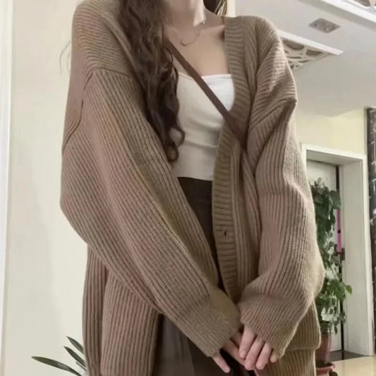 Suéteres y cárdigans para mujer, abrigos, moda Otoño Invierno, chaquetas de punto holgadas de manga larga con cuello en V, suéteres informales tipo cárdigan