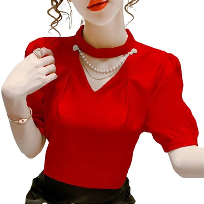 Blusas de verano para mujer, camisas, moda informal, abullonadas, de manga corta, con cuentas, cuello redondo, blusas lisas con perlas.
