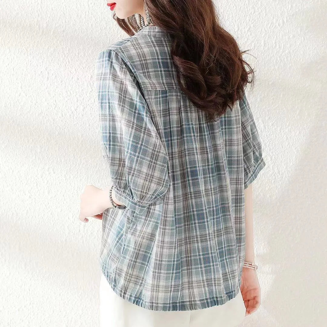 Blusas de verano para mujer, informales, con cuello en V, manga corta, a rayas y estampado DF4537