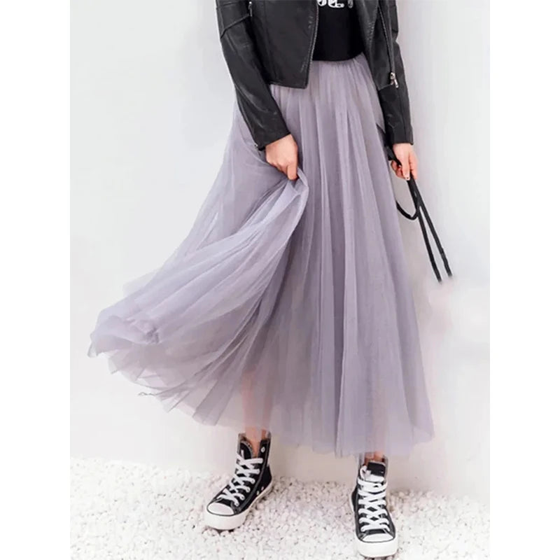 Falda de tul vintage para mujer, estilo urbano, elástica, de cintura alta, de malla plisada, elegante, estilo coreano, de verano, para oficina, nueva
