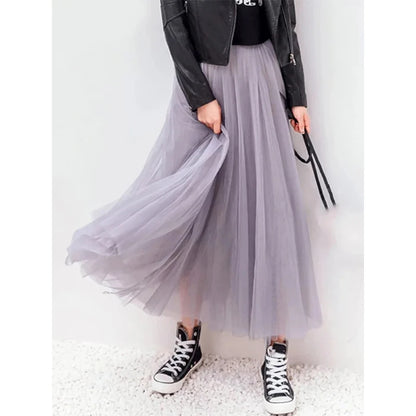 Falda de tul vintage para mujer, estilo urbano, elástica, de cintura alta, de malla plisada, elegante, estilo coreano, de verano, para oficina, nueva