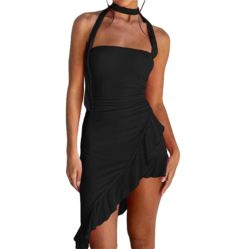 Ruffled Dresses for Women Summer Solid Color Sleeveless Halterneck Backless Irregular Hem Midi Dress y2k Party Dress