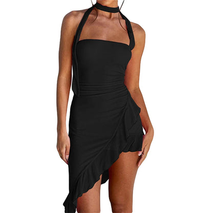 Ruffled Dresses for Women Summer Solid Color Sleeveless Halterneck Backless Irregular Hem Midi Dress y2k Party Dress