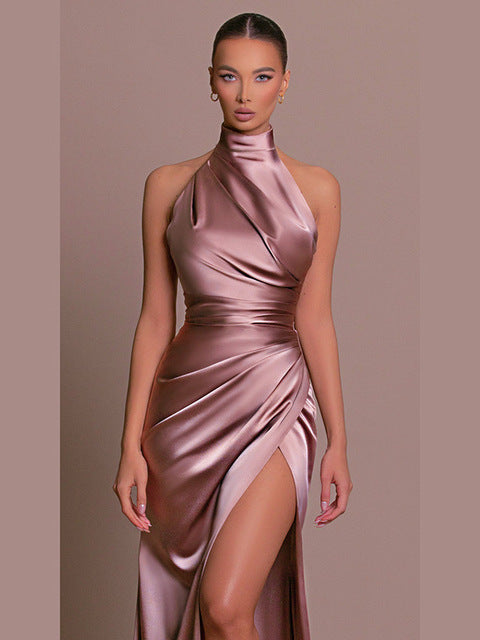 Vestido ajustado sin mangas con cuello colgante de satén para mujer, vestido largo ajustado de verano, elegante vestido de fiesta de noche