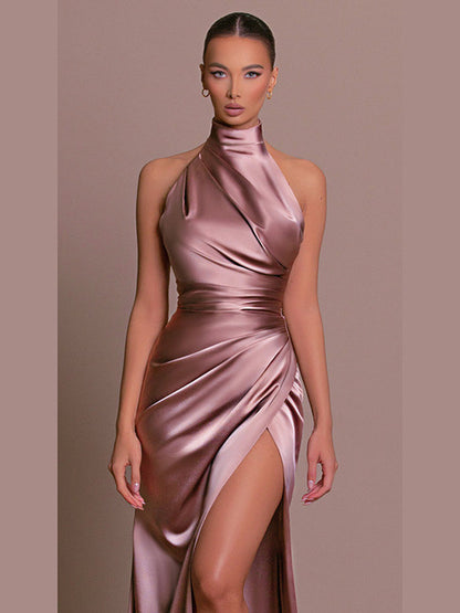 Vestido ajustado sin mangas con cuello colgante de satén para mujer, vestido largo ajustado de verano, elegante vestido de fiesta de noche