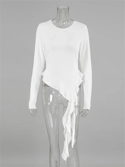 Camiseta de punto blanca ajustada para mujer, jersey con volantes y patchwork transparente, manga larga, top interior sexy Y2k, camiseta de punto para mujer
