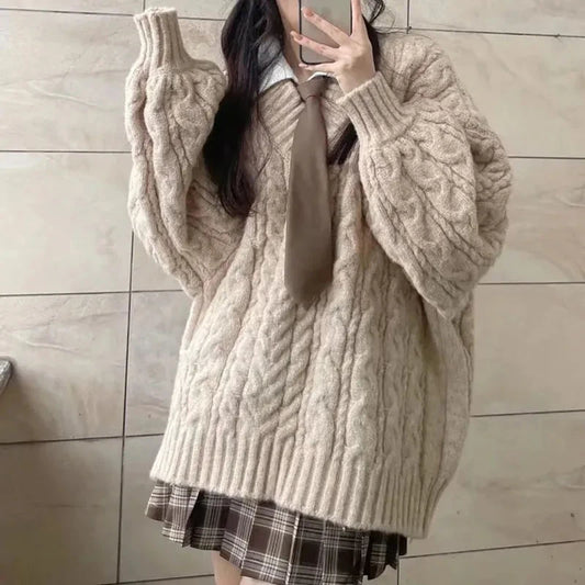 Suéter de otoño e invierno para mujer, estilo Harajuku, de punto de gran tamaño, estilo coreano, de manga larga y cuello en V, de punto, liso, holgado.