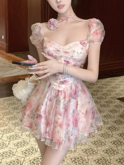 Elegante vestido corto floral de princesa para mujer, Y2K, con mangas abullonadas, espalda descubierta, estampado con volantes, corte en A, moda coreana, vestido de una pieza