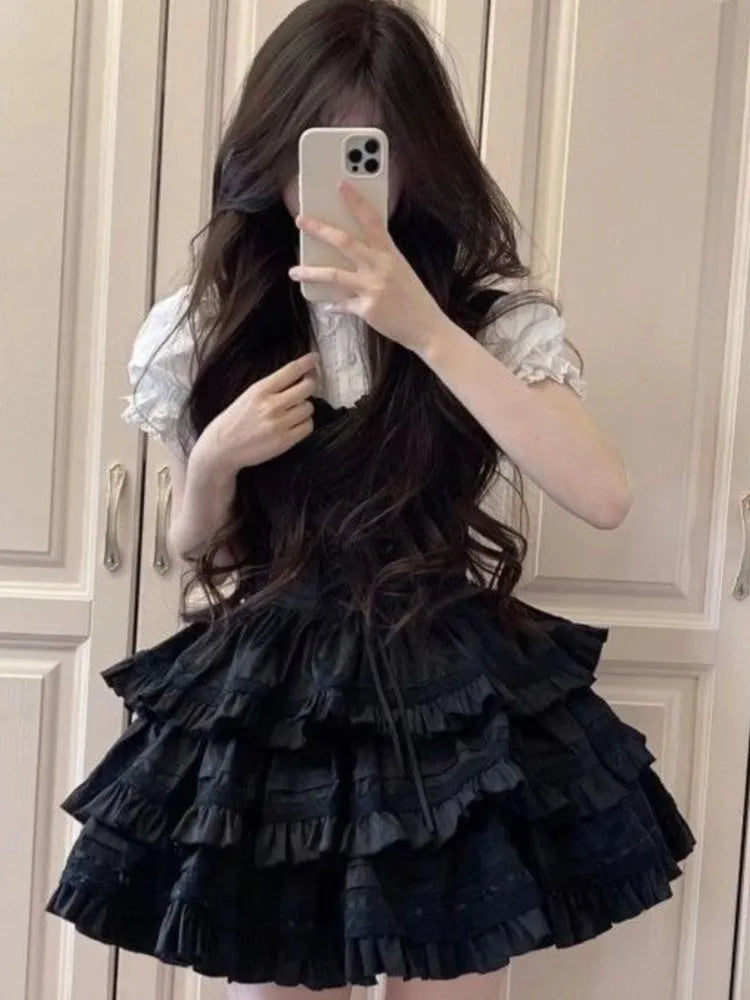 Conjunto de vestido de dos piezas Y2K para mujer, camisa de manga abullonada, minivestido negro con volantes en forma de A, traje de moda coreana, nuevo atuendo de verano