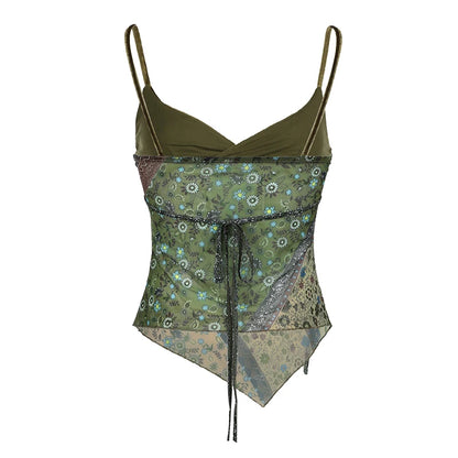 Mori Girl Style Patchwork Camis Top Y2K Aesthetic Vintage Green Sexy V Neck Tank Top Summer Asymmetry Lace-up Vest