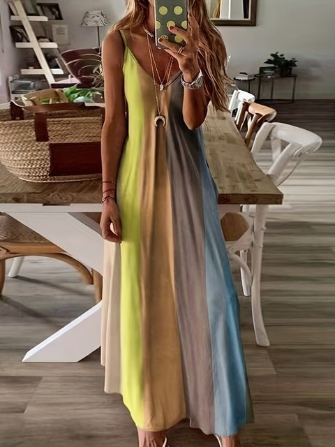 Vestidos de tirantes finos con estampado de degradado de color para mujer, moda de verano, cuello en V, estilo de vacaciones de playa, vestidos largos de línea A para mujer