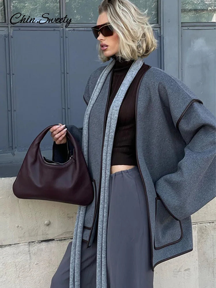 Abrigos elegantes con cinturón de patchwork para mujer, abrigos con escote en V en contraste, manga larga y bolsillos para mujer, novedad de otoño en prendas de vestir exteriores para mujer.