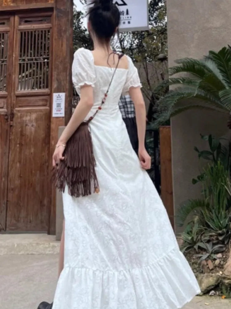 Y2K Long Dresses for Women Puff Sleeve Lace-up A-line Off Shoulder Club Party Dress Summer New Korean Chic One Piece Vestido
