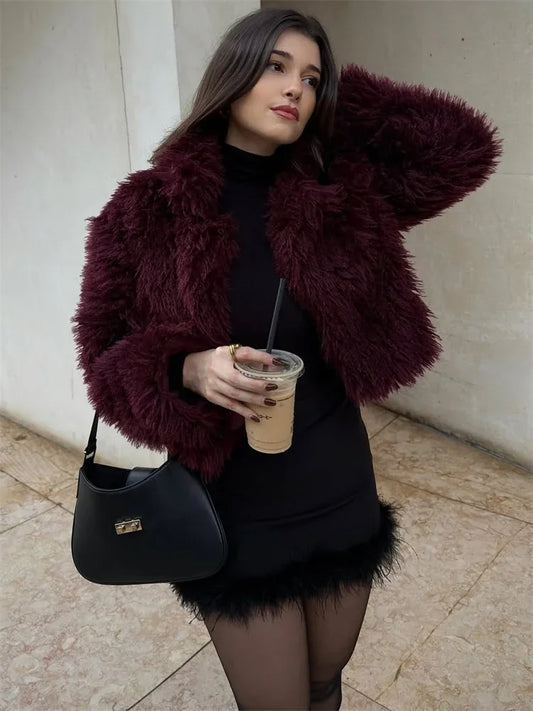 Abrigo de plumas de piel de invierno para mujer, suelto, de retazos, de manga larga, con solapa, liso, informal, de lujo, para mujer, 2025