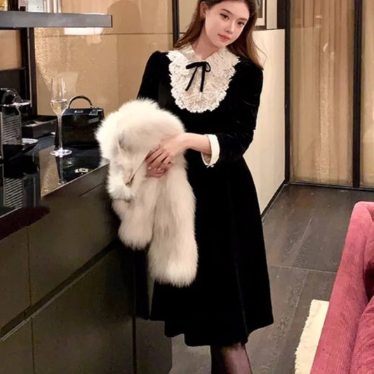 Vestidos de fiesta de noche de princesa vintage francesa para mujer, minivestido de terciopelo con retazos de encaje, línea A, moda coreana, otoño, Vestidos para mujer