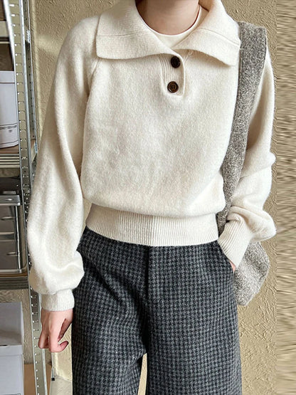 Suéteres casuales de punto liso con solapa para mujer, suéter vintage holgado de manga larga con botones, tops elegantes y chic para otoño