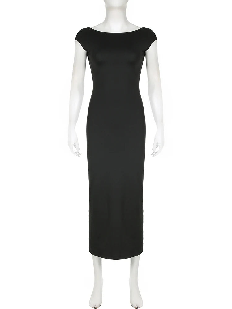 Vestido largo ajustado, sexy, de manga corta y espalda descubierta, liso, elegante, para mujer, para vacaciones de verano.