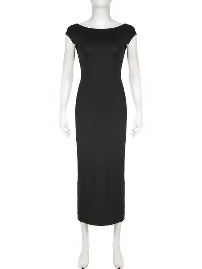 Vestido largo ajustado, sexy, de manga corta y espalda descubierta, liso, elegante, para mujer, para vacaciones de verano.