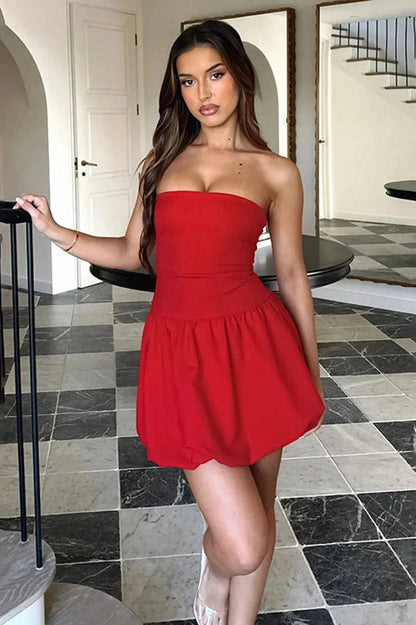 A-Line Strapless Mini Dress with High Waist and Backless Design