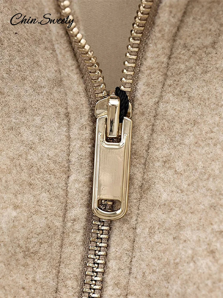Vintage Women’s Khaki Bomber Jacket Stand Collar Zipper Pocket Long Sleeve Short Coats Female 2025 Spring Thick Warm Outwear New