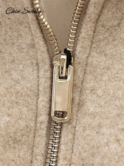 Vintage Women’s Khaki Bomber Jacket Stand Collar Zipper Pocket Long Sleeve Short Coats Female 2025 Spring Thick Warm Outwear New