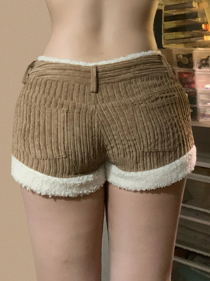 Pantalones cortos de pana para mujer, de moda, de otoño, sencillos, con ribete de piel sintética y diseño empalmado.