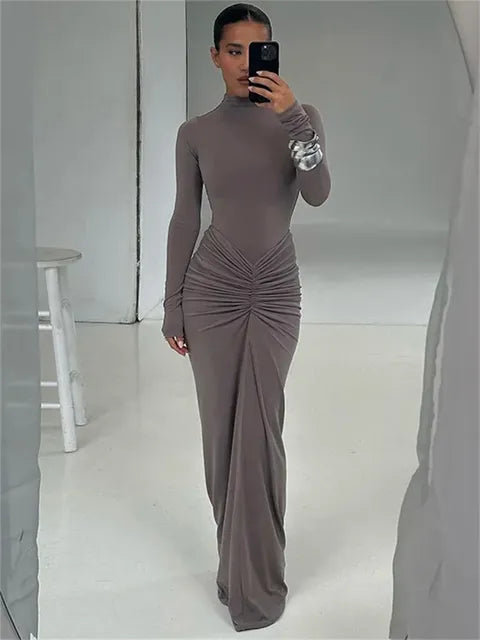 Pleated Fashion Patchwork Long Dress Women’s High Waist Long Sleeve Solid Slim Party Dress Summer  Female Maxi Dress