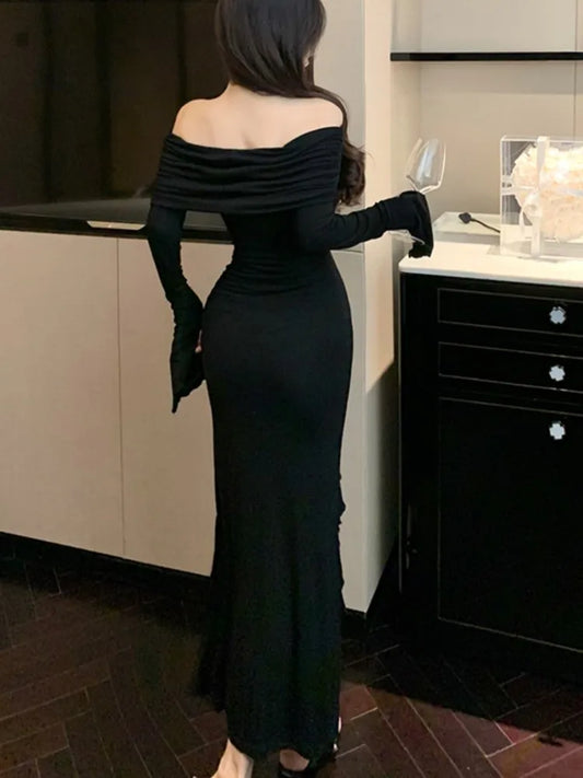 Vestidos de noche ajustados sexis para mujer, mangas largas, cuello halter, volantes, abertura alta, ajustados, moda coreana, vestidos de una pieza para mujer