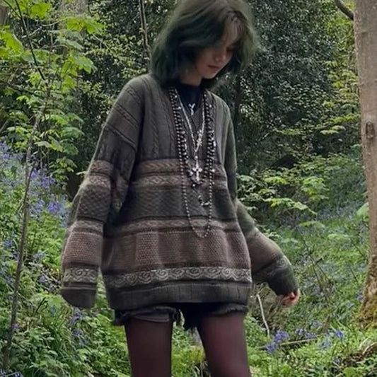 Suéteres holgados vintage con estampado de rayas gráficas, suéteres de punto estilo grunge Fairycore Y2K, prendas de punto retro estéticas de manga larga para otoño