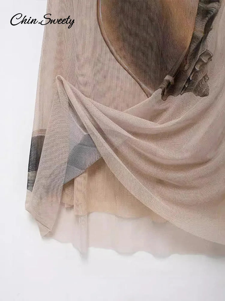 Vestidos largos de tul con espalda descubierta y estampados para mujer, vestidos de fiesta sin mangas con cuello halter y cordones, moda 2025, batas ajustadas para vacaciones en la playa.