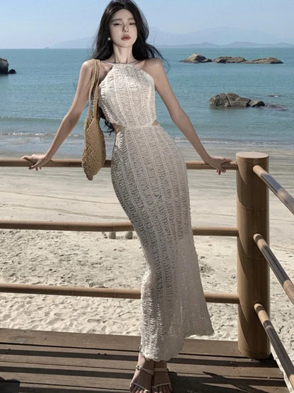 Vestidos sexis ajustados de punto con espalda descubierta para mujer, vestido de fiesta ajustado con cuello halter sin mangas, moda coreana, estilo festivo, Vestidos para mujer