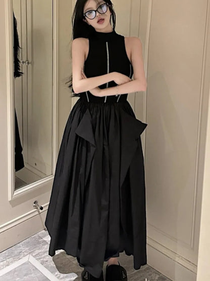 Vestidos casuales de punto negros para mujer, vestido tipo chaleco sin mangas, corte A, moda coreana, cuello medio alto, otoño, nuevo vestido