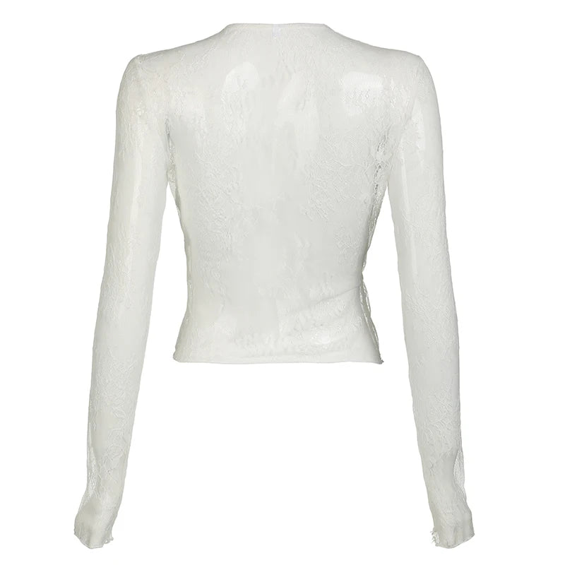 Abrigo fino de encaje transparente y sexy, de manga larga, a la moda, con cordones y cuello redondo, bonito cárdigan de calle para mujer