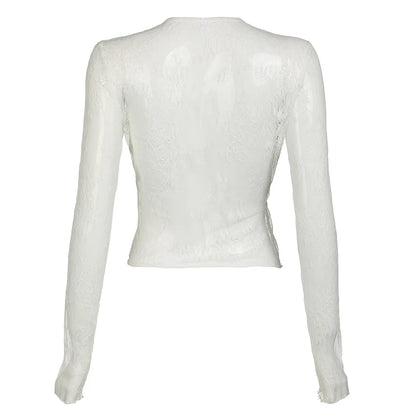 Abrigo fino de encaje transparente y sexy, de manga larga, a la moda, con cordones y cuello redondo, bonito cárdigan de calle para mujer