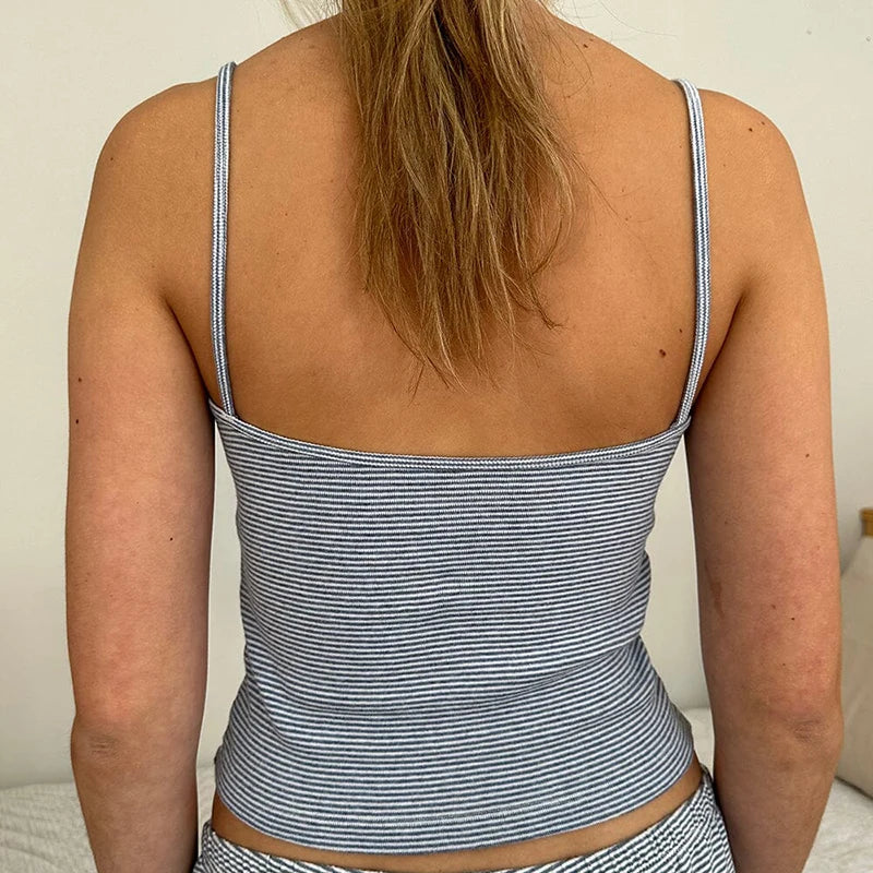 Conjunto de 2 piezas de pijama kawaii con cuello en V, camiseta sin mangas, top corto y pantalones cortos, ropa informal a rayas con ribete de encaje, estilo retro Y2K para mujer
