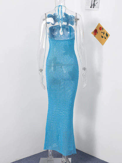 Sexy Knitted 3d Flower Halter Long Dress Women Crochet Hollow Out Sleeveless Blue Maxi Dresses  New Lady Beach Vacation Robe