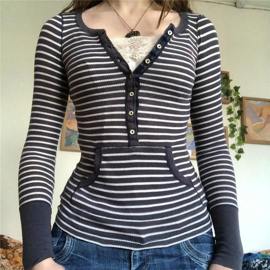 Women T Shirt y2k Aesthetic Striped Button Long Sleeve Tops with Pocket 2000s Clothing Slim Soft Tee Sweats Streetwear